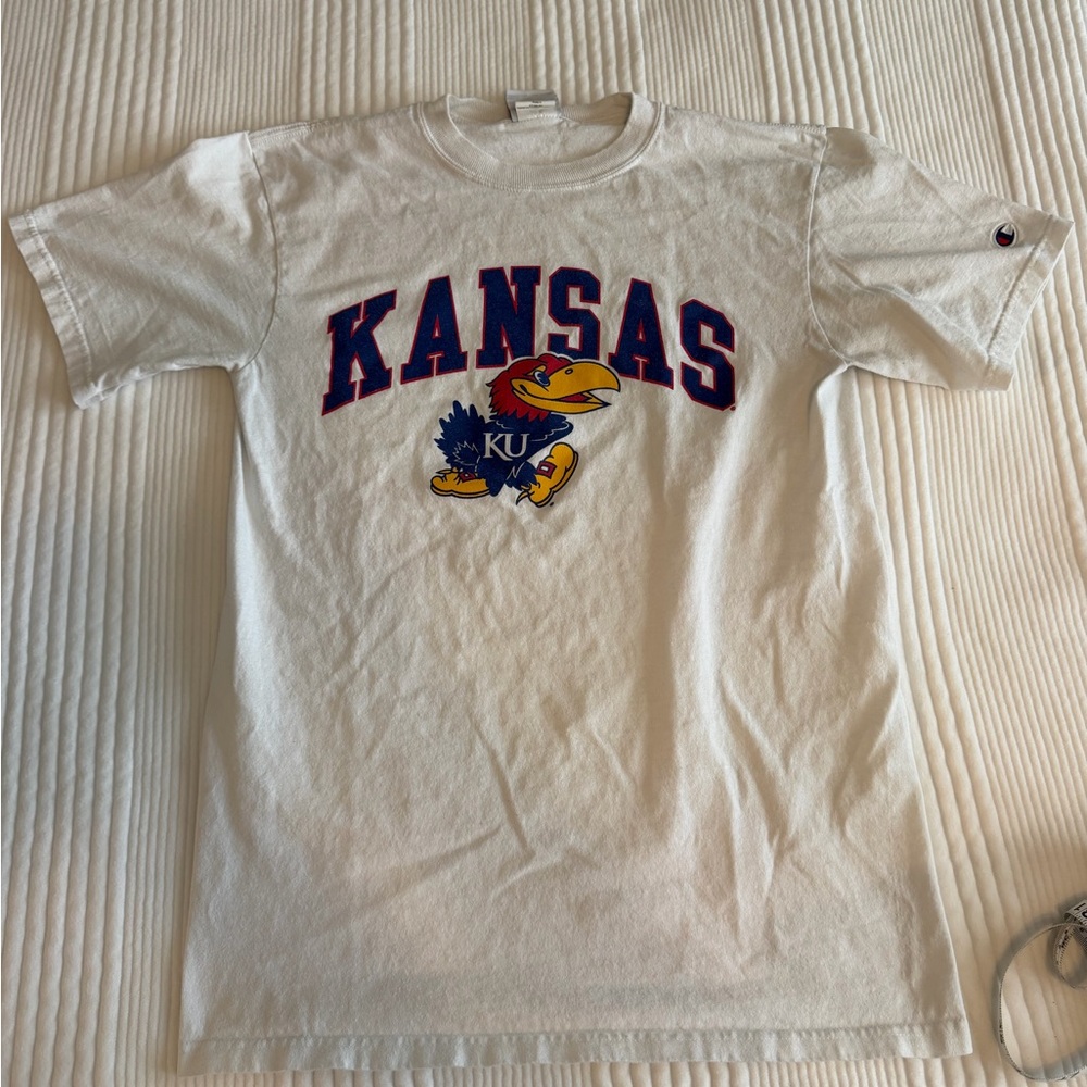 Champion White Kansas Jayhawks Graphic Tee with Blue and Red Logo